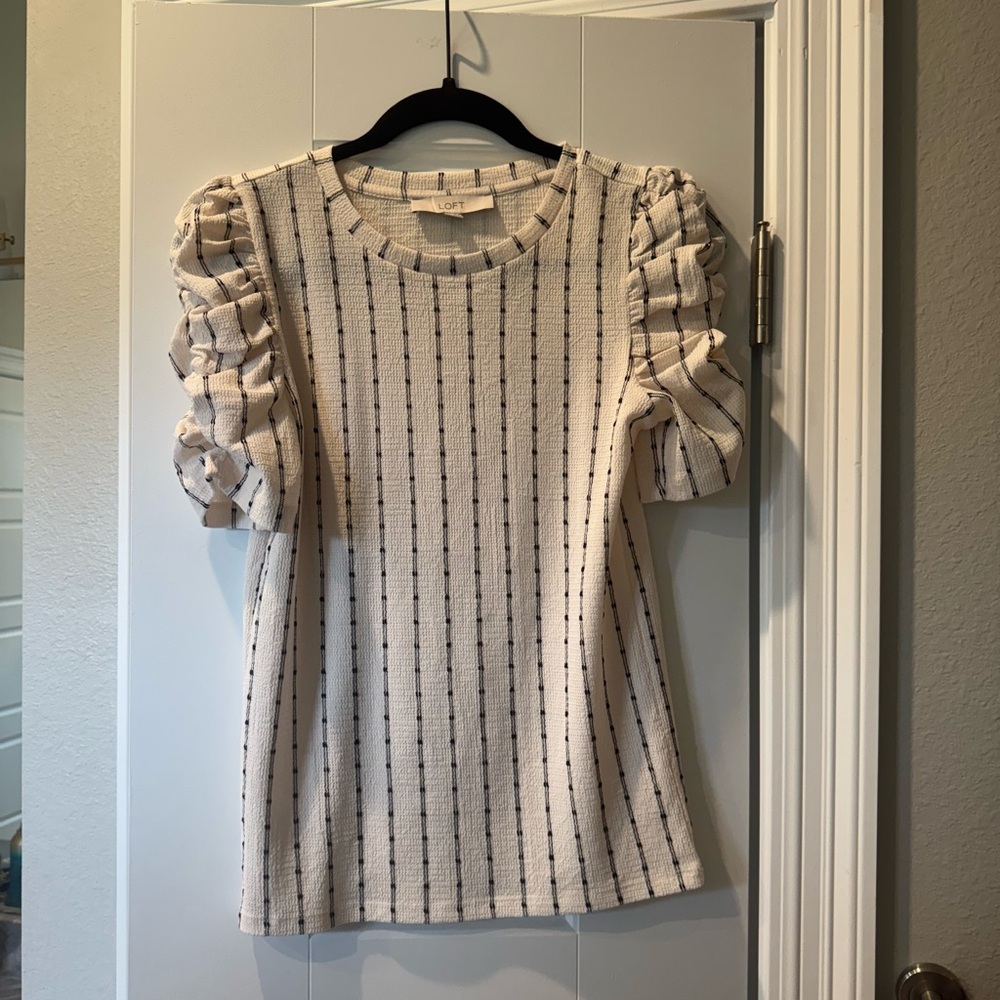 LOFT Cream and Black Striped Blouse with Ruffle Sleeves